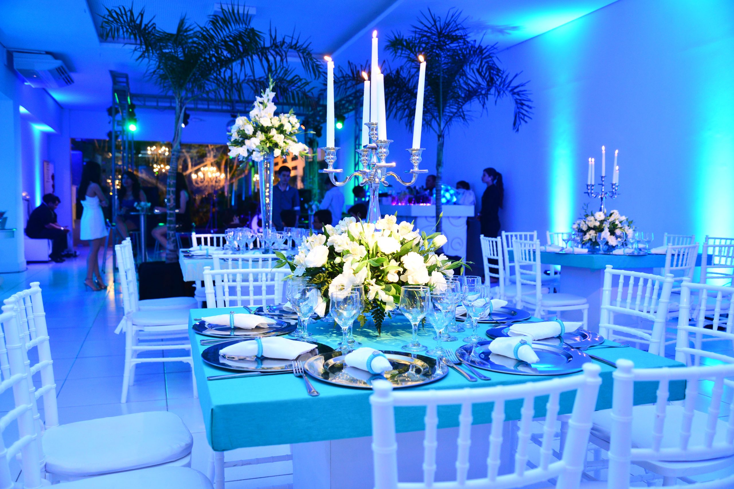 restaurant interior with blue lights,  chinese new year, new year, banquet, year-end party, new year party, table setting, night party, party hall,  party table setting, table setting
