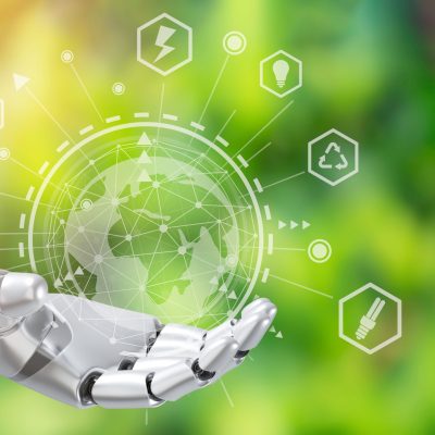 Robot arm holding earth on green tree background,Environment concept, Artificial Intelligence and Technology ecology concept.