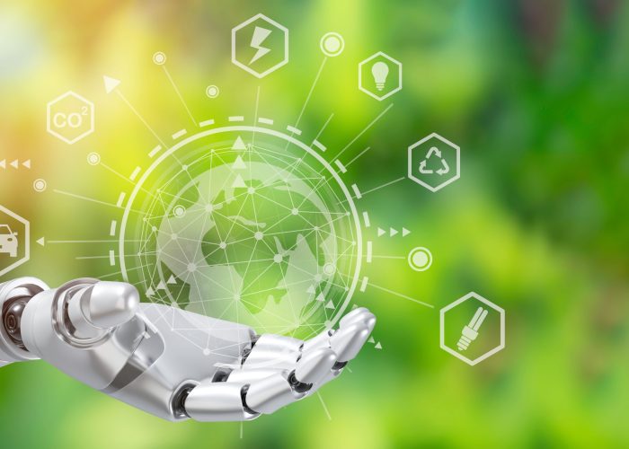 Robot arm holding earth on green tree background,Environment concept, Artificial Intelligence and Technology ecology concept.